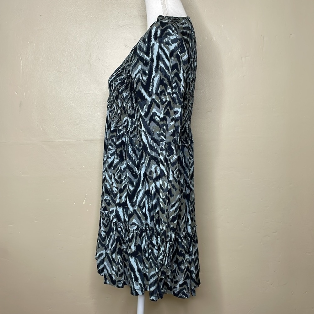 BEACHLUNCHLOUNGE Mini Dress Blue & Olive Smocking Empire Waist Ruffle Boho XS - Picture 2 of 12